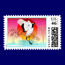 Red Crowned Crane and Setting Sun Postage postage