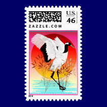 Red Crowned Crane and Setting Sun Postage stamps