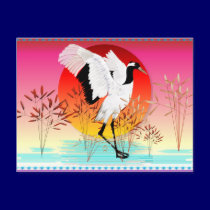 Red Crowned Crane and Setting Sun  Postcard postcards