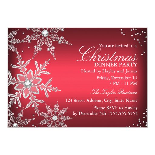 Red Crystal Snowflake Christmas Dinner Party Personalized Invites (front side)