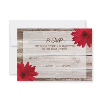 Red Daisy Barn Wood Wedding RSVP Response Card invitation