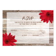 Red Daisy Barn Wood Wedding RSVP Response Card Invitations