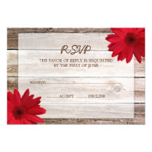 Red Daisy Barn Wood Wedding RSVP Response Card Invitations