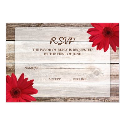 Red Daisy Barn Wood Wedding RSVP Response Card Invitations