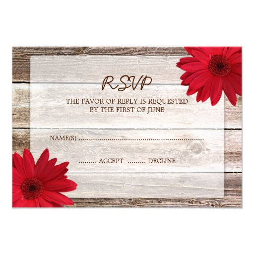 Red Daisy Barn Wood Wedding RSVP Response Card Invitations from