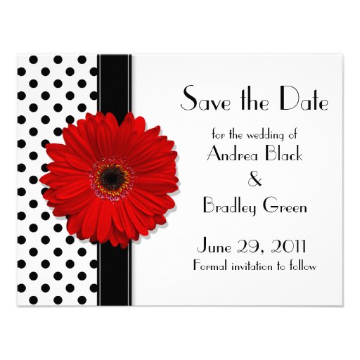 Red Daisy Black White Polka Dot Save the Date Custom Invites