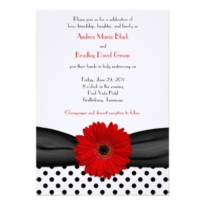Red Daisy Black White Polka Dot Wedding Invitation