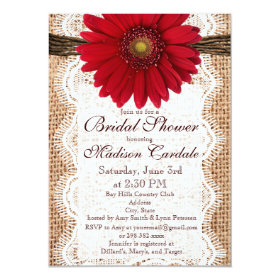 Red Daisy Burlap Bridal Shower Invitations 4.5