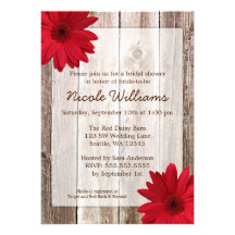 Red Daisy Rustic Barn Wood Bridal Shower Custom Announcements