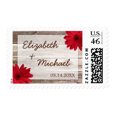 Red Daisy Rustic Barn Wood Wedding Postage Stamps