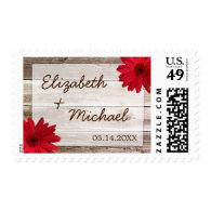 Red Daisy Rustic Barn Wood Wedding Postage Stamps