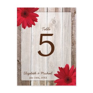 Red Daisy Rustic Barn Wood Wedding Table Number postcard