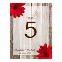 Red Daisy Rustic Barn Wood Wedding Table Number Post Cards