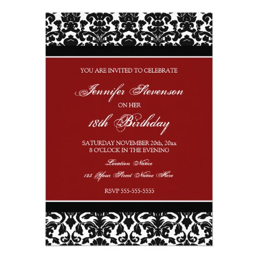 Red Damask 18th Birthday Party Invitations