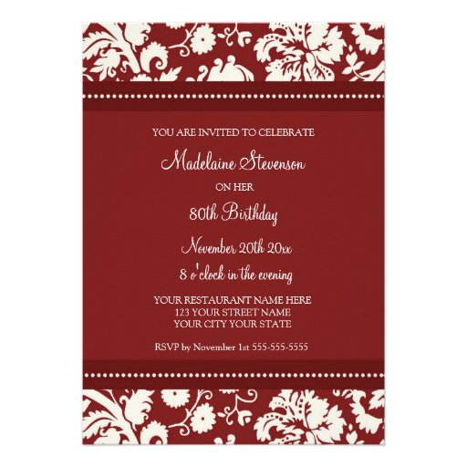 Red Damask 80th Birthday Party Invitations