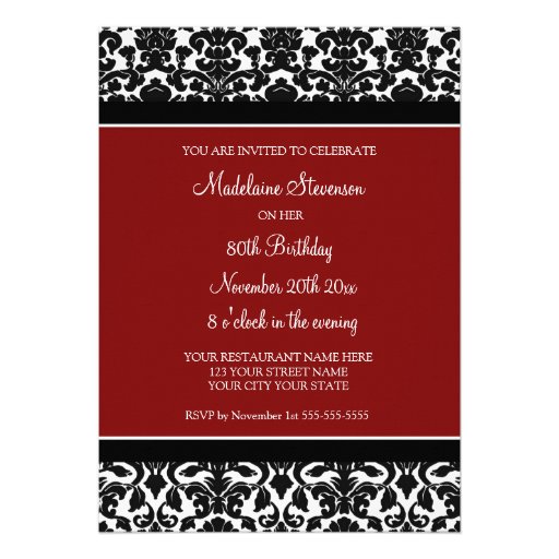 Red Damask 80th Birthday Party Invitations