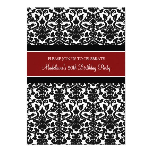 Red Damask 80th Birthday Party Invitations (front side)