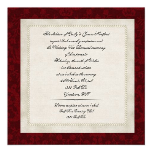 Red damask and Pearls wedding vow renewal Custom Announcement