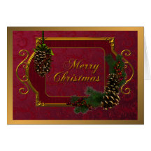 Red Damask and Pinecones Christmas Greeting Card