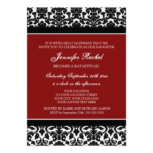 Red Damask Bat Mitzvah Invitations
