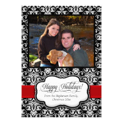 Red Damask Black and White Holiday Greeting Card
