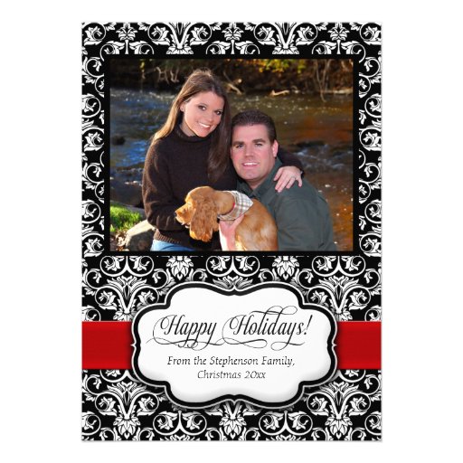Red Damask Black and White Holiday Greeting Card (front side)