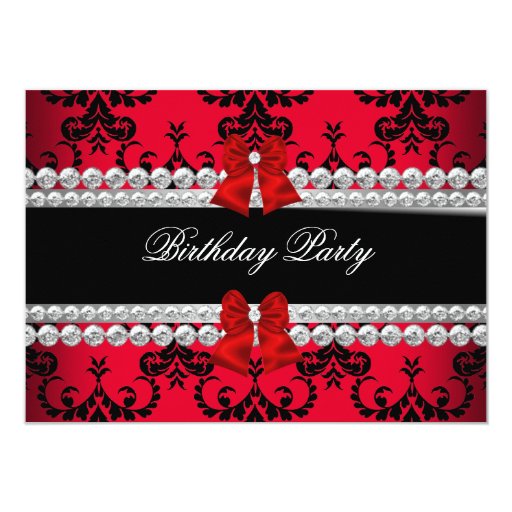 Red Damask Black Jewel Bow Birthday Photo Announcement
