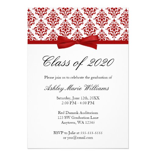 Red Damask Bow Graduation Announcement (front side)