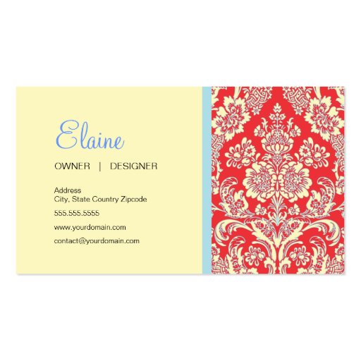 Red Damask Business Card (front side)