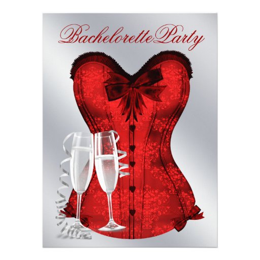 Red Damask Corset Champagne Red Bachelorette Party Personalized Invite