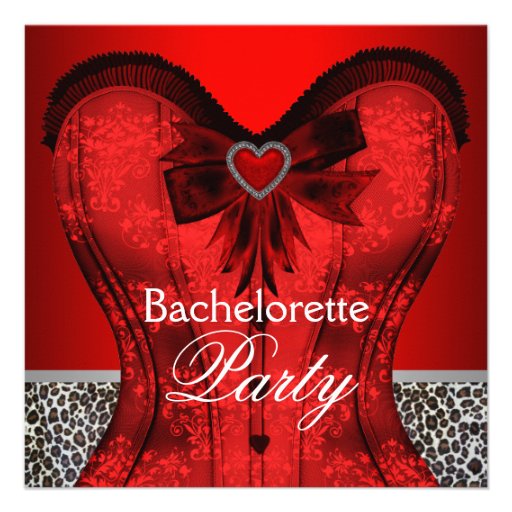 Red Damask Corset Leopard Bachelorette Party Announcements