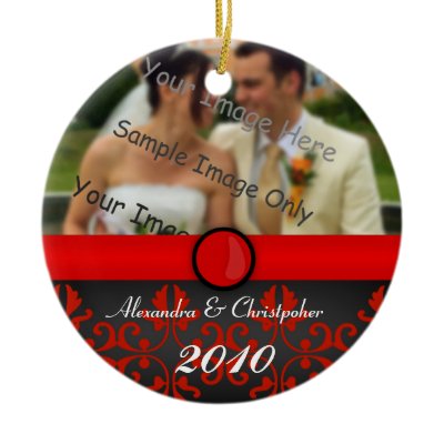Red Damask Couples Photo Christmas Ornament