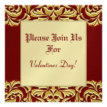 Red Damask Gold Metal Valentines Day Invitations
