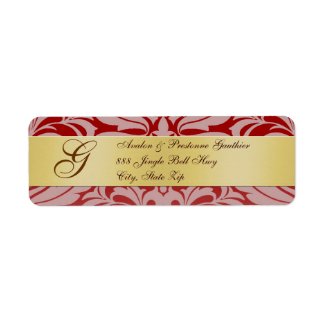 Red Damask Gold Monogram Christmas Address Labels label