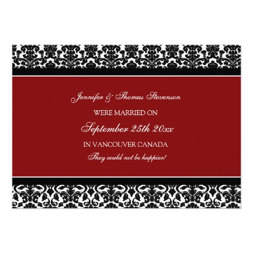 Red Damask Just Married Announcement Cards