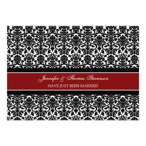 Red Damask Just Married Announcement Cards