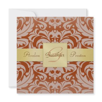 Red Damask Monogram Gold Ribbon Invitation invitation