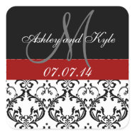 Red Damask Monogram Save the Date Stickers sticker