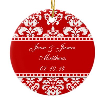 Red Damask Names Date Wedding Ornaments
