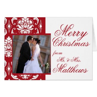 Red Damask Newlywed Photo First Christmas Cards