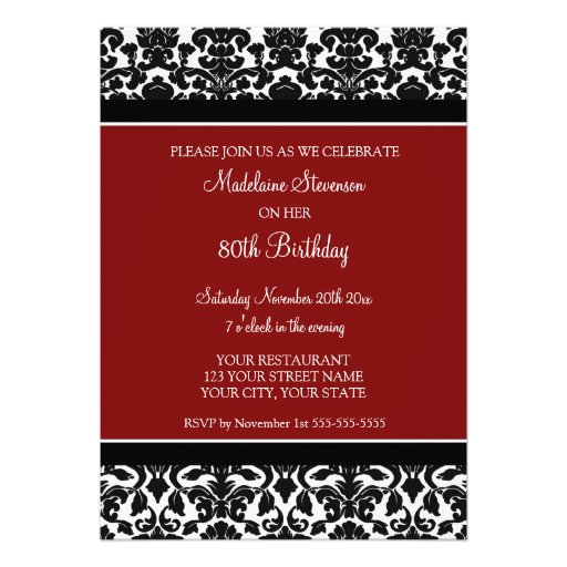 Red Damask Photo 80th Birthday Party Invitations