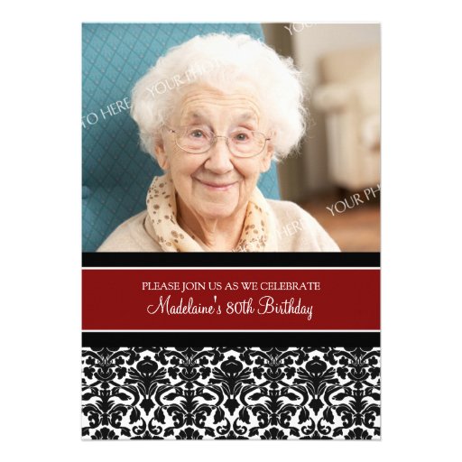 Red Damask Photo 80th Birthday Party Invitations (front side)
