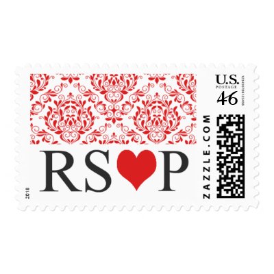 Red Damask RSVP Wedding Postage Stamps