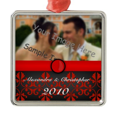 Red Damask Silver Couples Photo Christmas Ornament