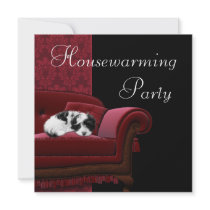 Red Damask Sofa Housewarming Party Invitation