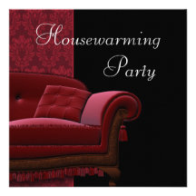 Red Damask Sofa Housewarming Party Invitation