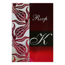 RED DAMASK VELVET TULIPS MONOGRAM Burgundy Silver Invite
