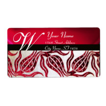 RED DAMASK VELVET TULIPS MONOGRAM Burgundy White Custom Shipping Labels