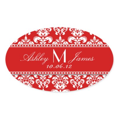 Red Damask Wedding Wine Label Oval Oval Stickers
