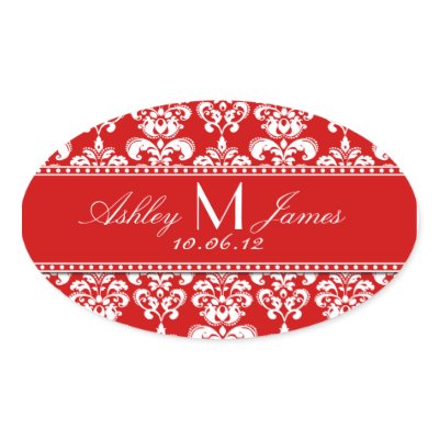 Red Damask Wedding Wine Label Oval Oval Stickers